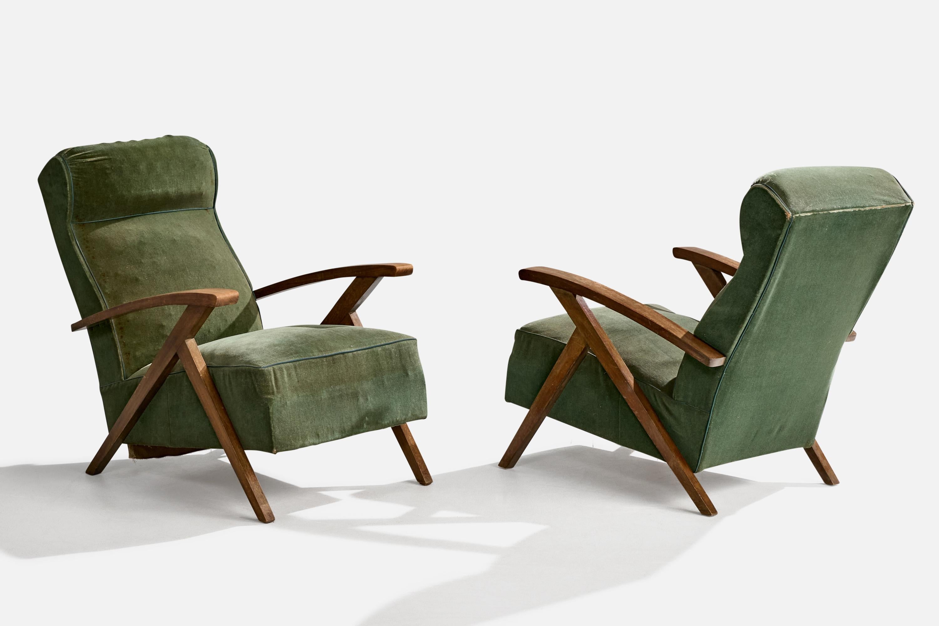 Mid-Century Modern French Designer, Lounge Chairs, Wood, Fabric, France, 1950s For Sale