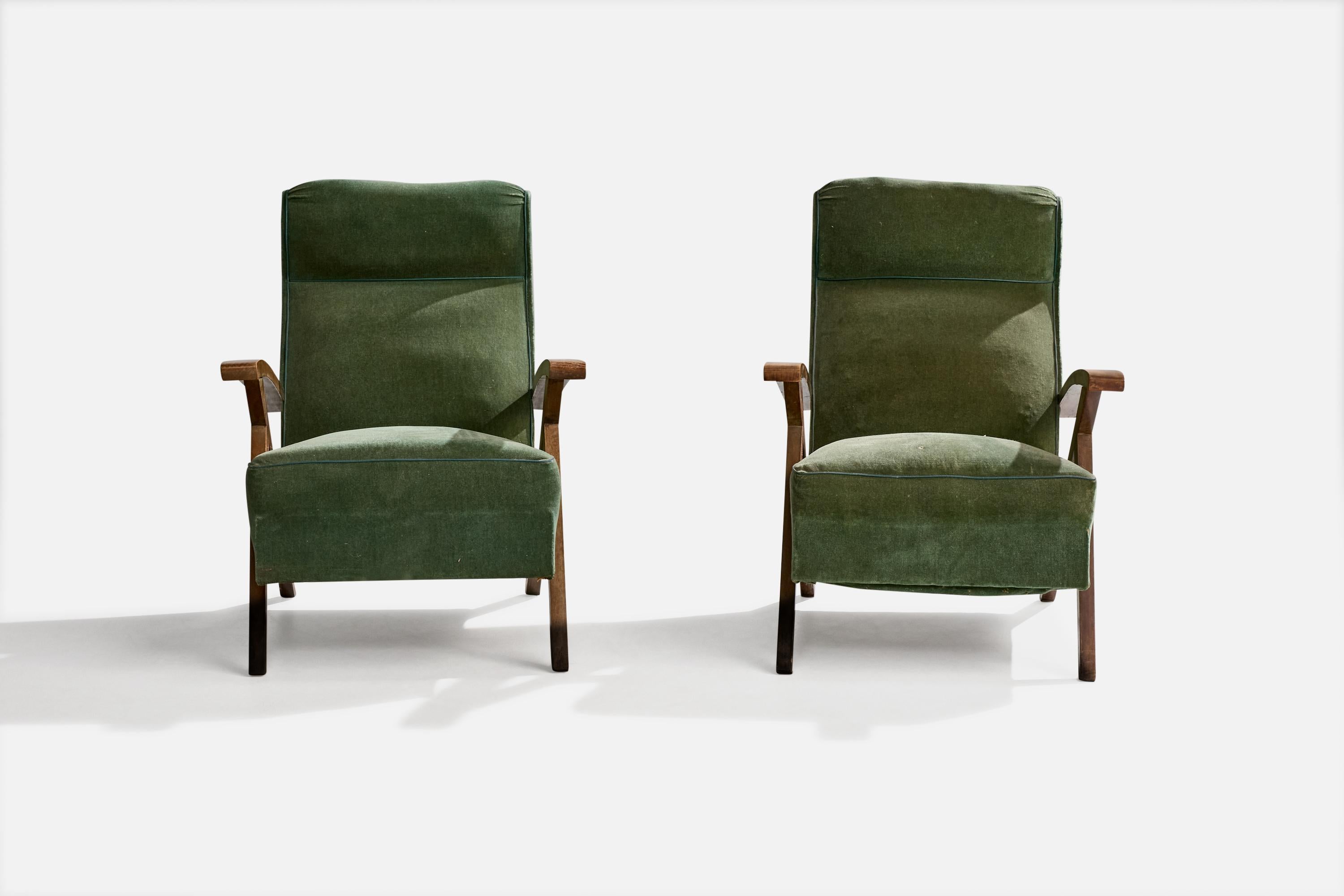 French Designer, Lounge Chairs, Wood, Fabric, France, 1950s In Fair Condition For Sale In High Point, NC