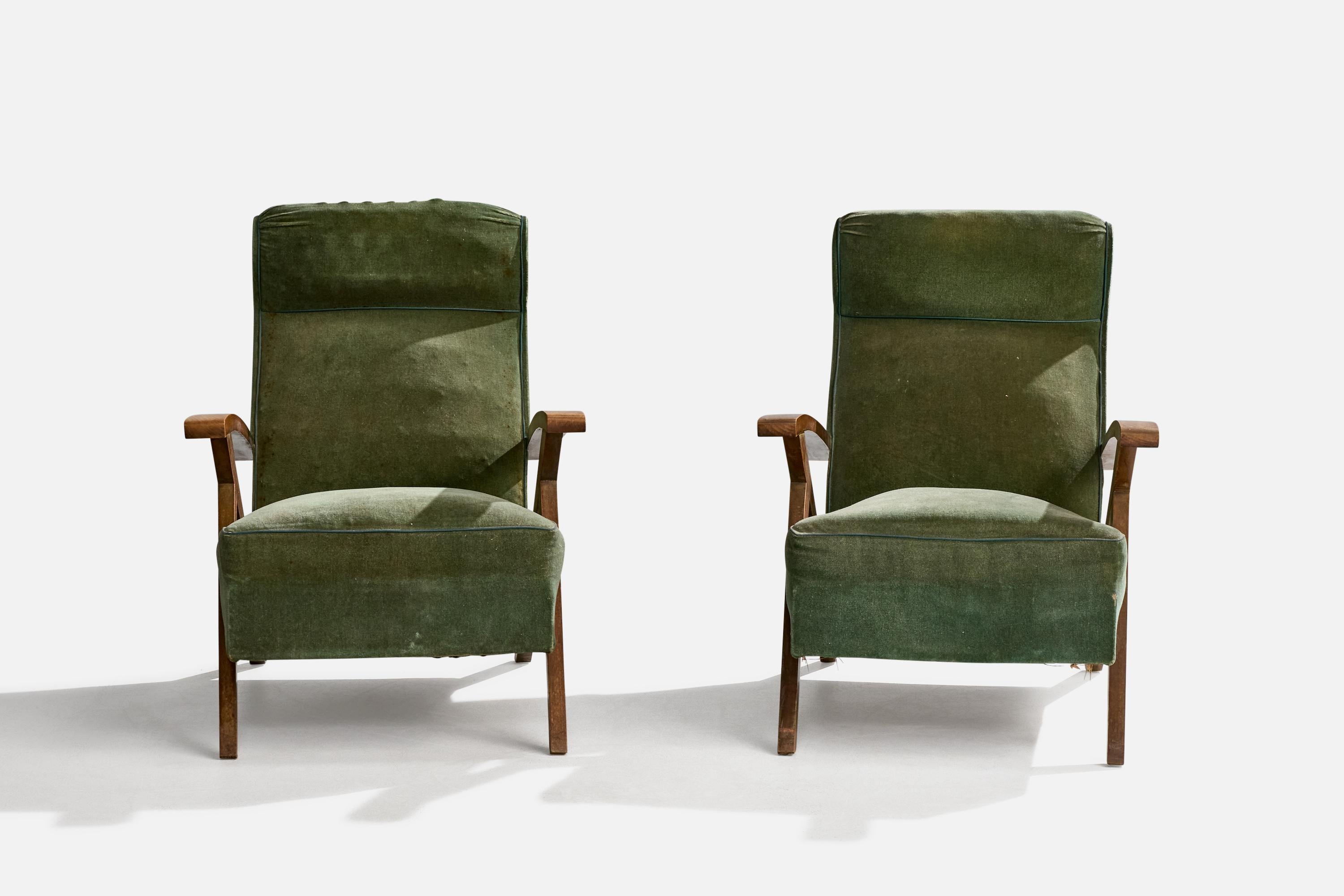 French Designer, Lounge Chairs, Wood, Fabric, France, 1950s In Fair Condition For Sale In High Point, NC