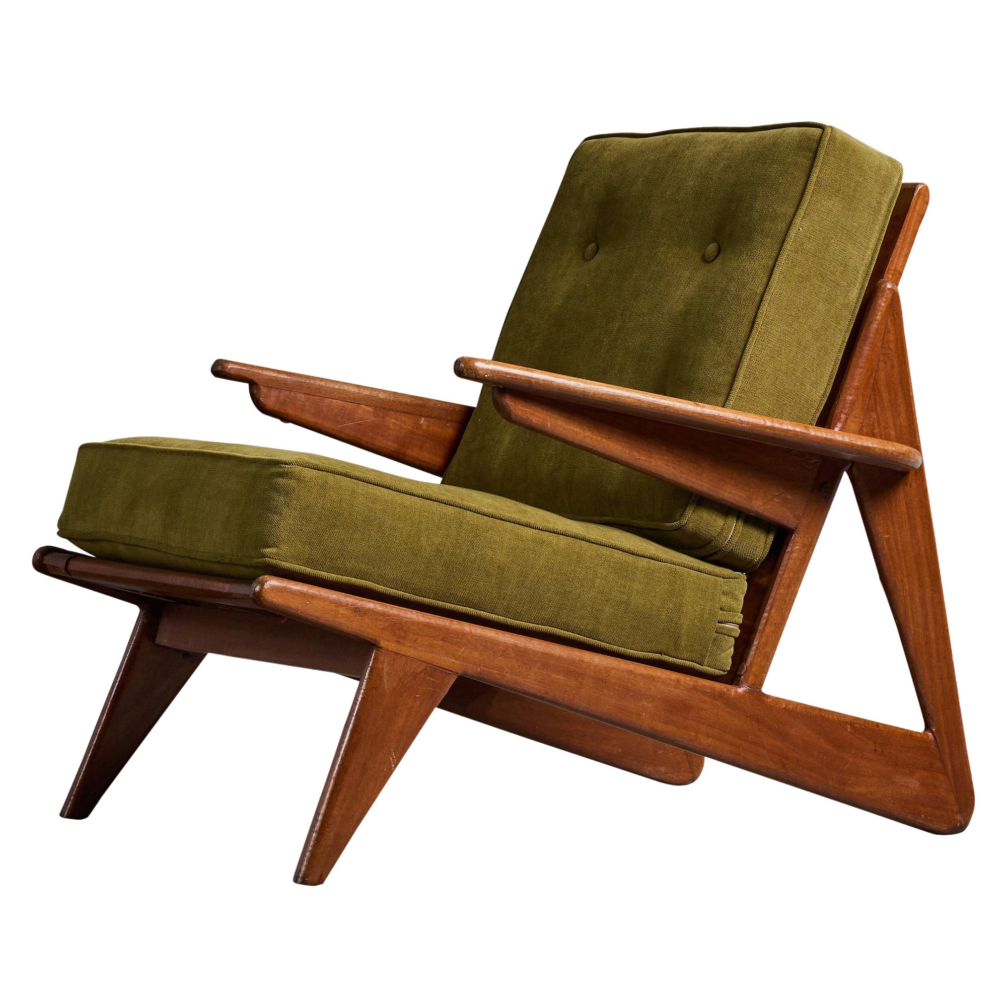 French Designer, Lounge Chairs, Wood, Fabric, France, 1950s