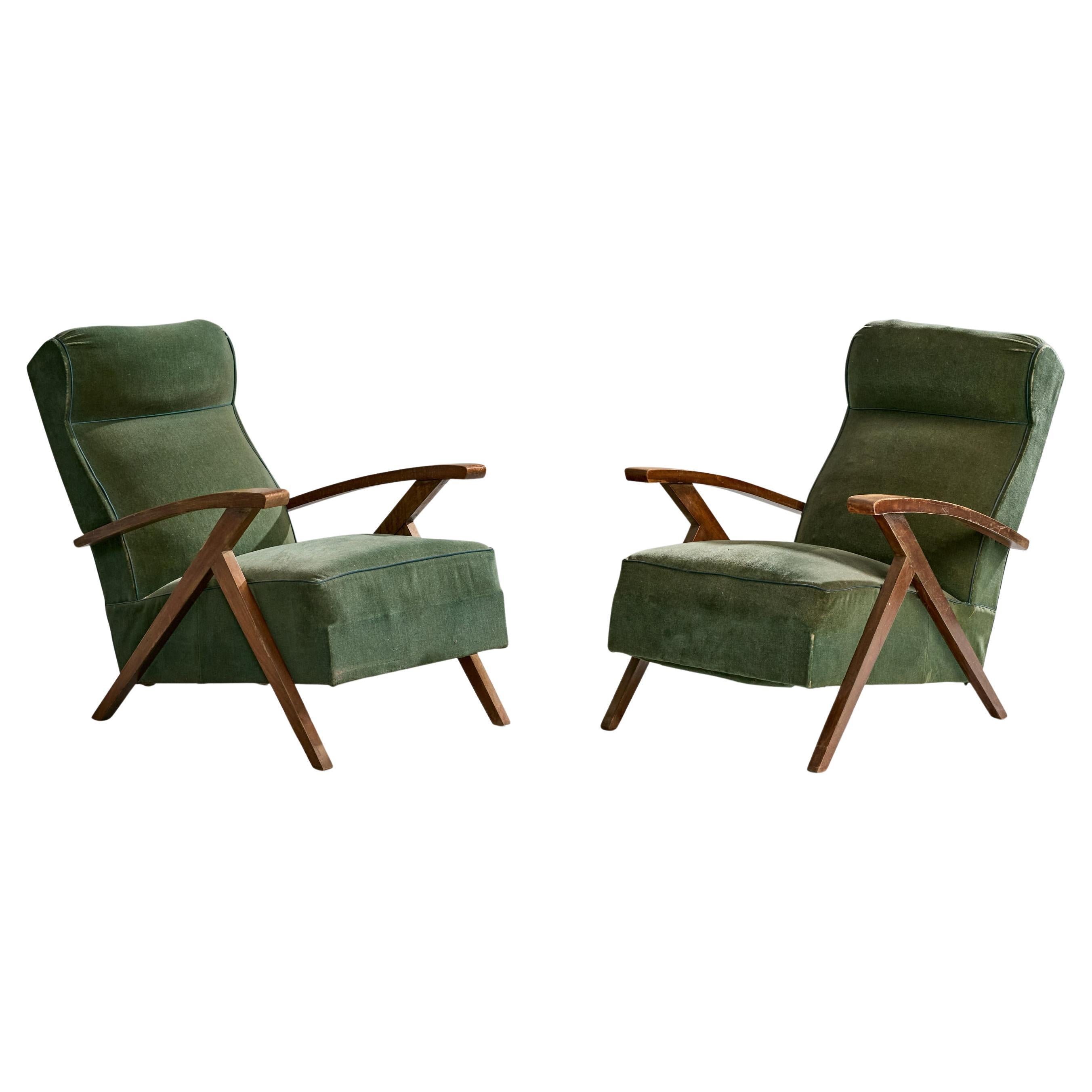 French Designer, Lounge Chairs, Wood, Fabric, France, 1950s