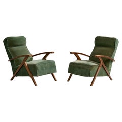 French Designer, Lounge Chairs, Wood, Fabric, France, 1950s
