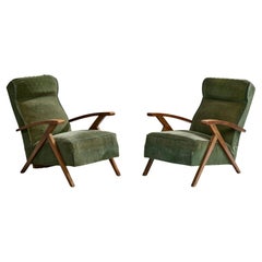 French Designer, Lounge Chairs, Wood, Fabric, France, 1950s