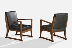 French Designer, Lounge Chairs, Wood, Leather, France, 1950s