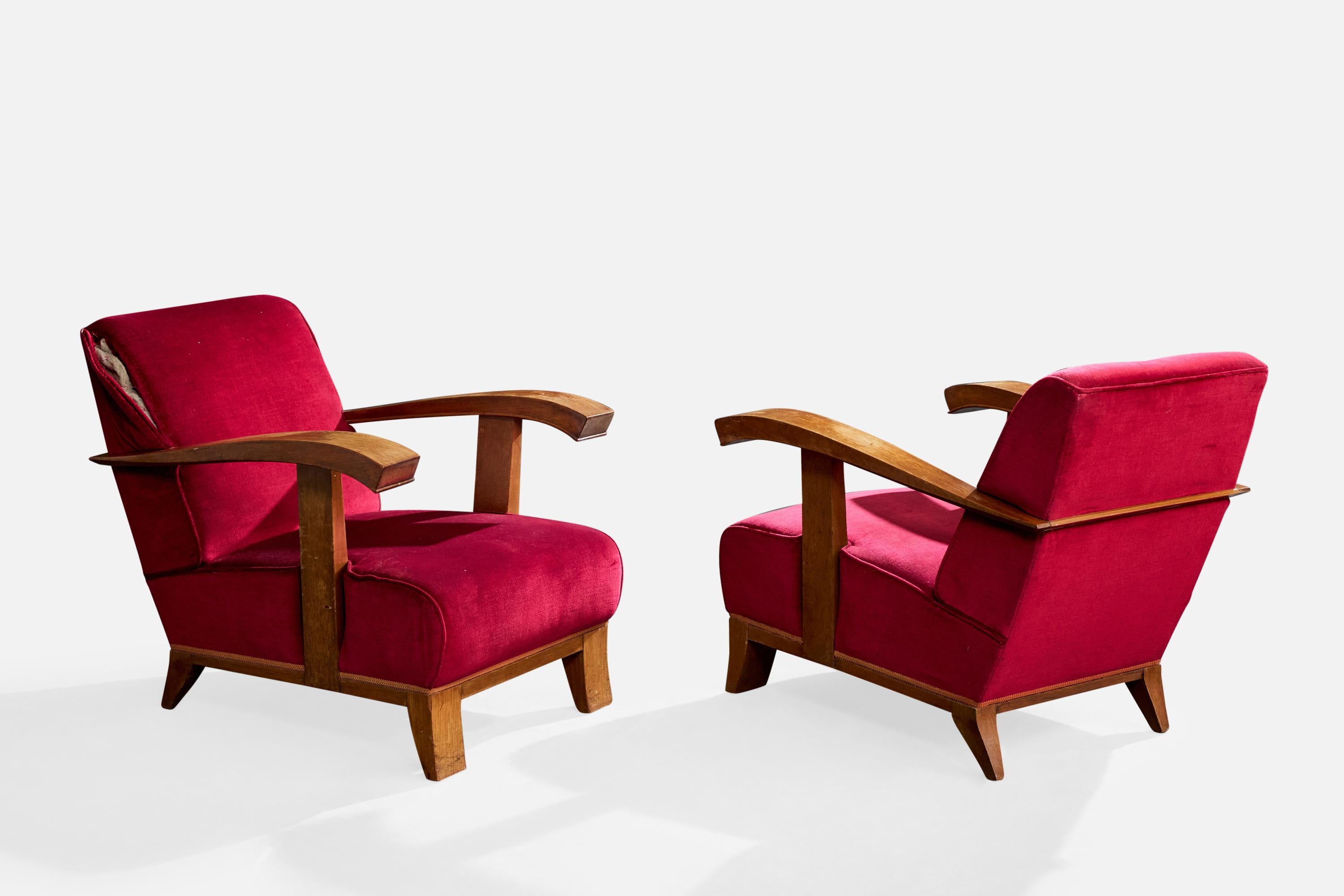 Mid-Century Modern Designer français, chaises longues, Wood, velours, France, années 1930 en vente