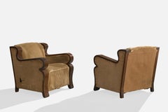 French Designer, Lounge Chairs, Wood, Velvet, France, 1940s