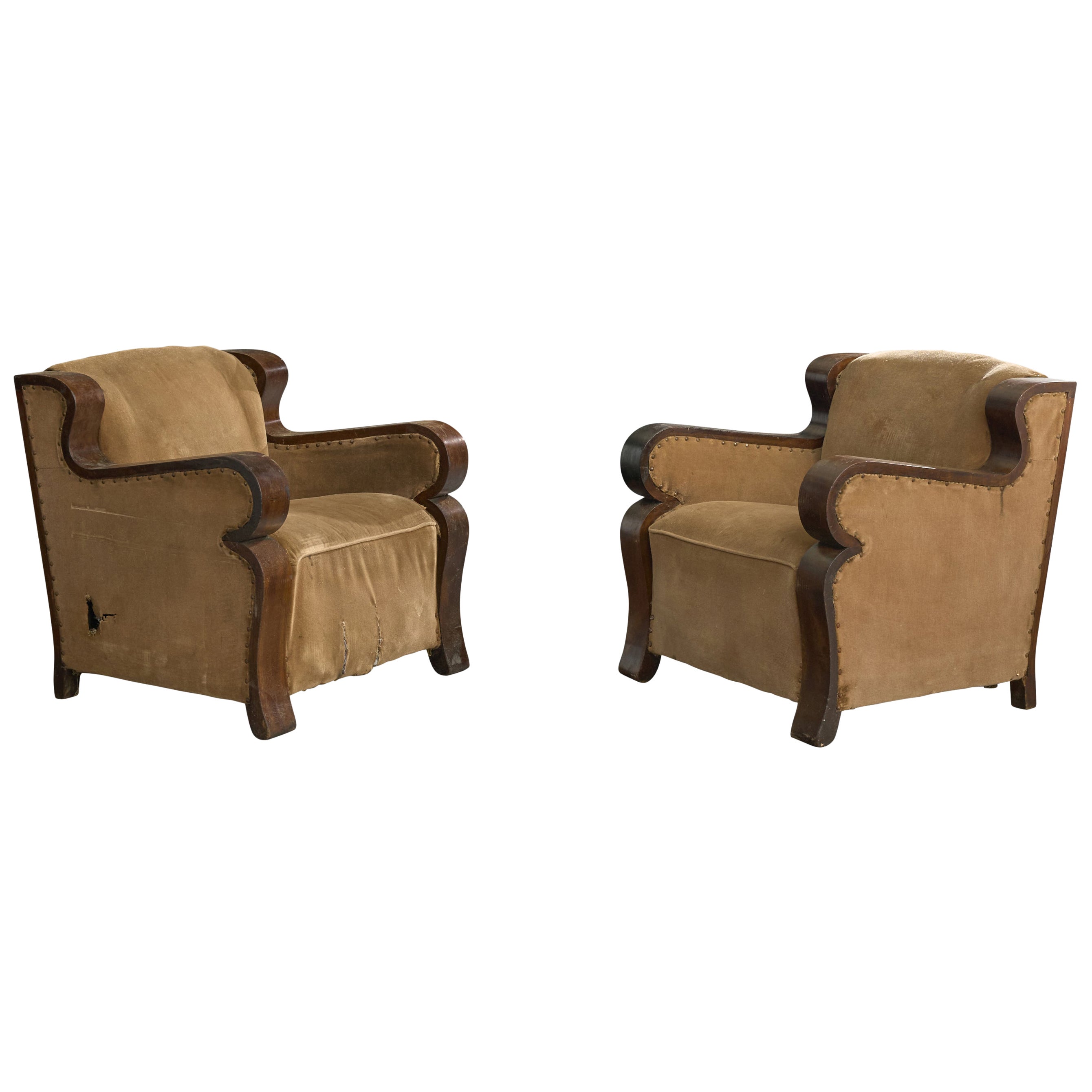 French Designer, Lounge Chairs, Wood, Velvet, France, 1940s