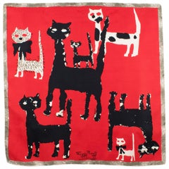 Vintage French Designer Maggy Rouff Silk Scarf 1960s Black and Red Cats Print