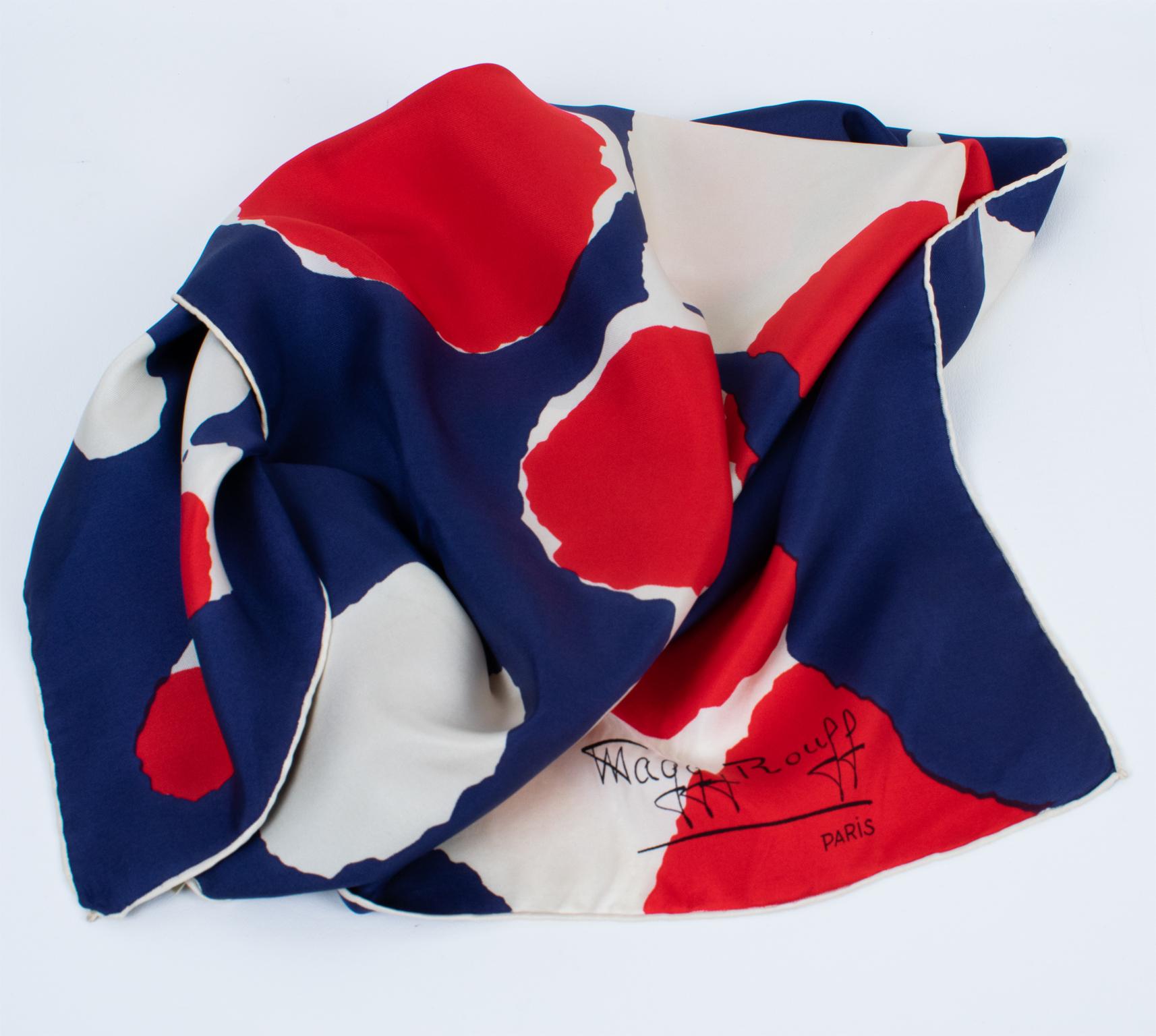 Black Maggy Rouff Paris Silk Scarf Blue and Red Abstract Print For Sale