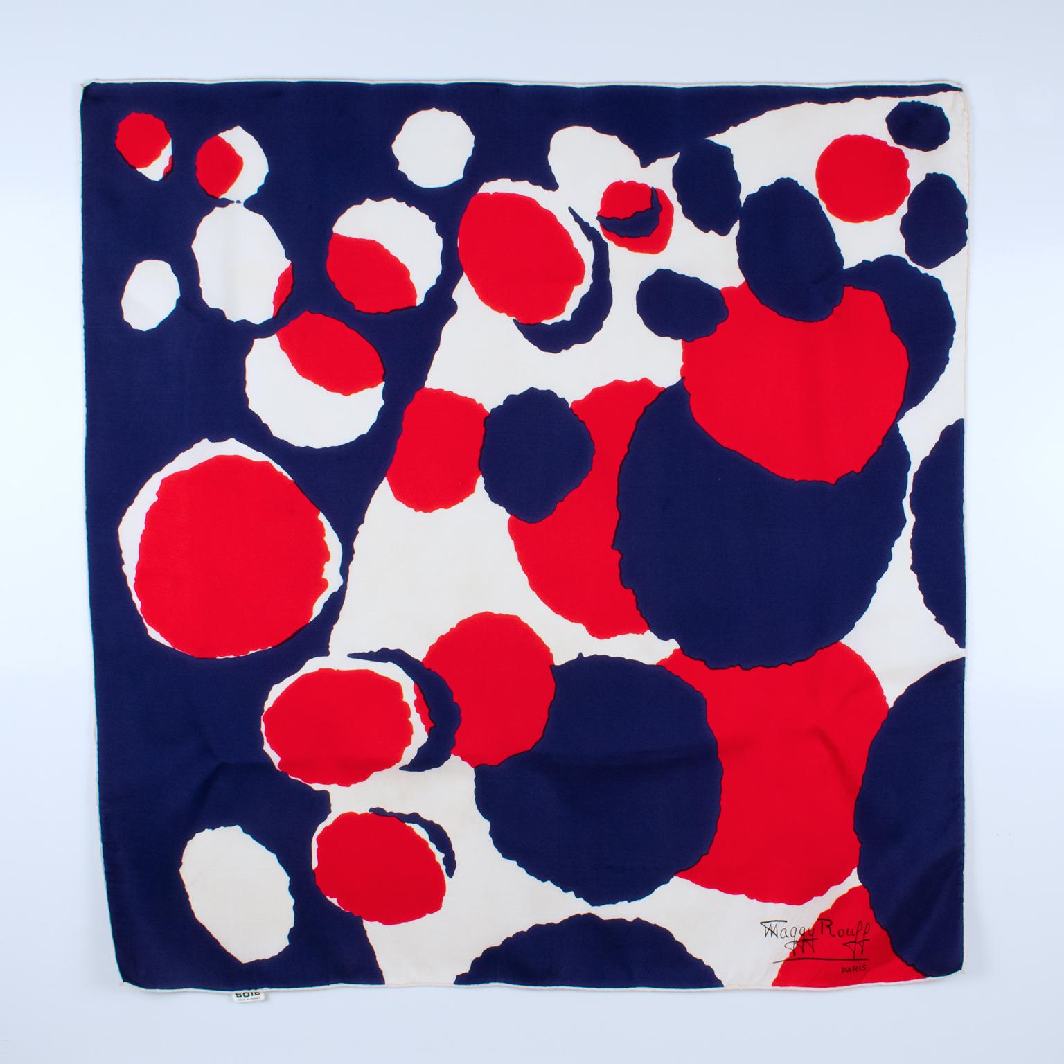 Women's or Men's Maggy Rouff Paris Silk Scarf Blue and Red Abstract Print For Sale