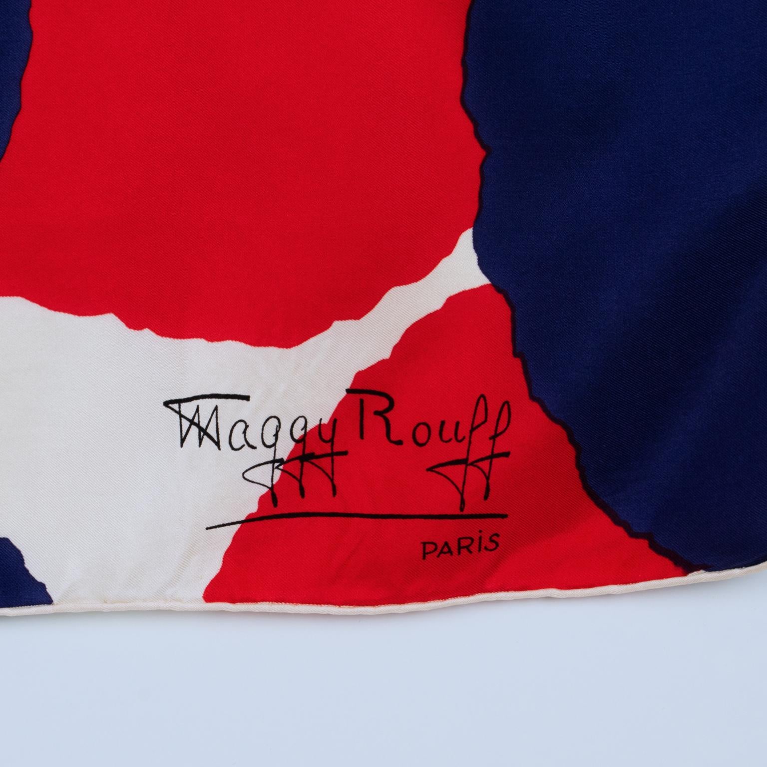 Maggy Rouff Paris Silk Scarf Blue and Red Abstract Print For Sale 1