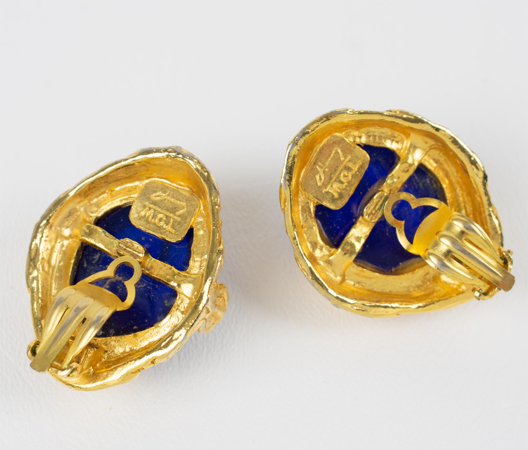 French Designer MCL Gilt Metal Clip Earrings with Blue Cabochons In Good Condition For Sale In Atlanta, GA