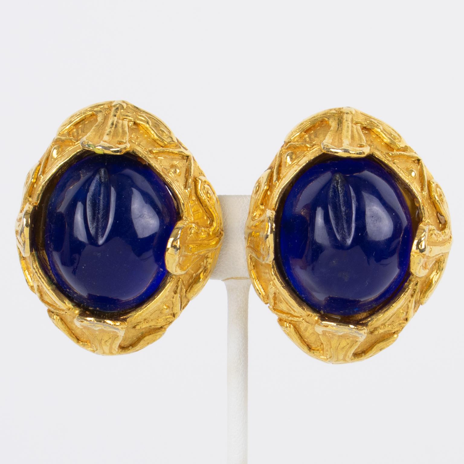 French Designer MCL Gilt Metal Clip Earrings with Blue Cabochons For Sale 2