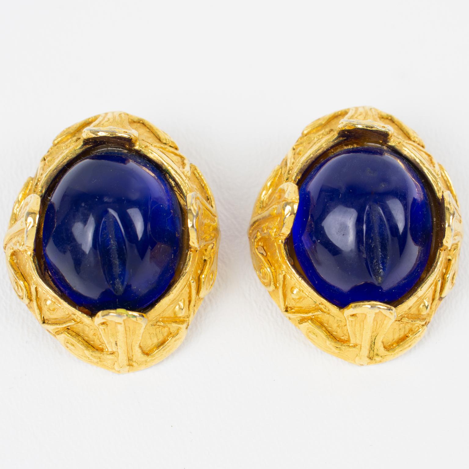 French Designer MCL Gilt Metal Clip Earrings with Blue Cabochons For Sale 3