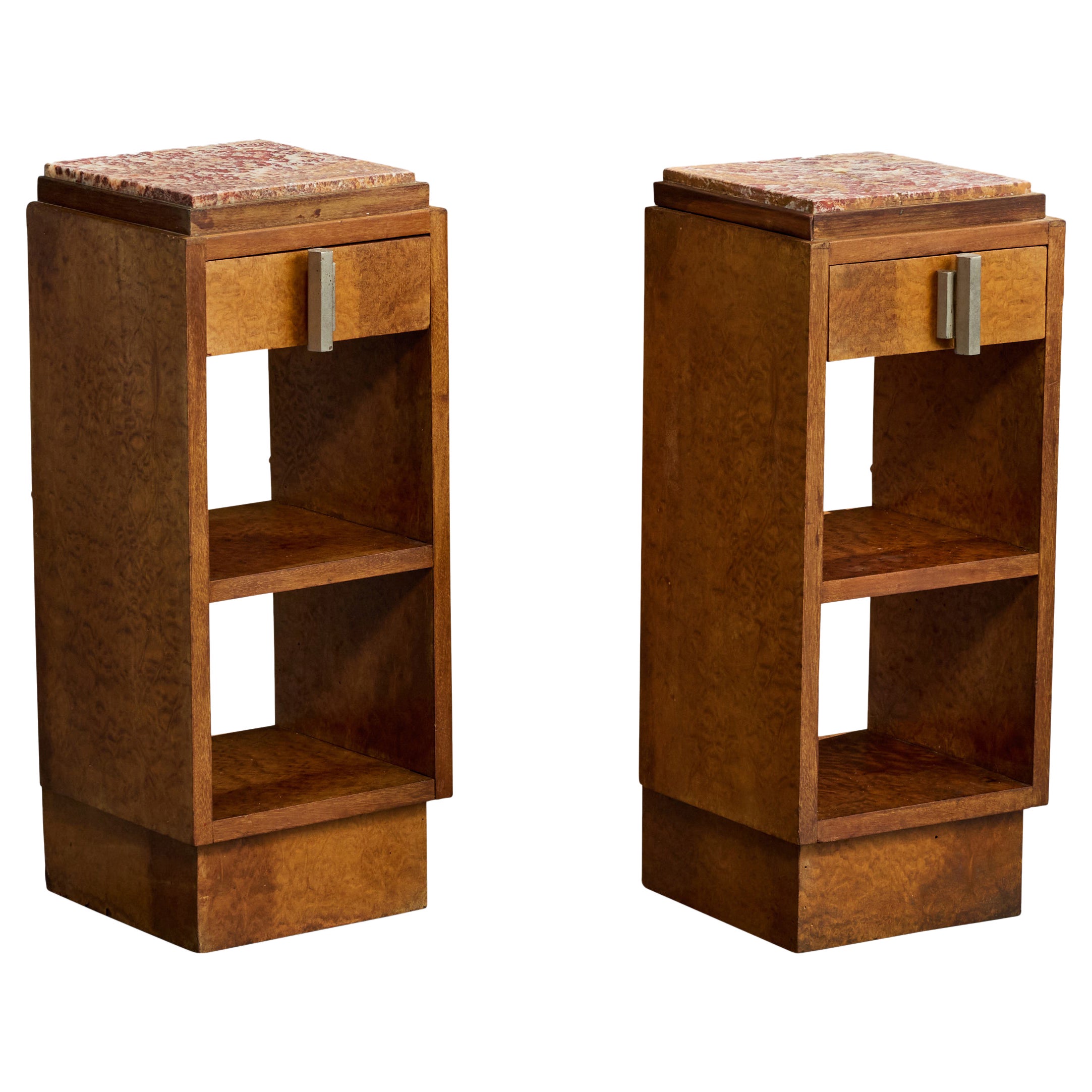 Designer français, tables de chevet, loupe, marbre, métal, France, années 1930 en vente