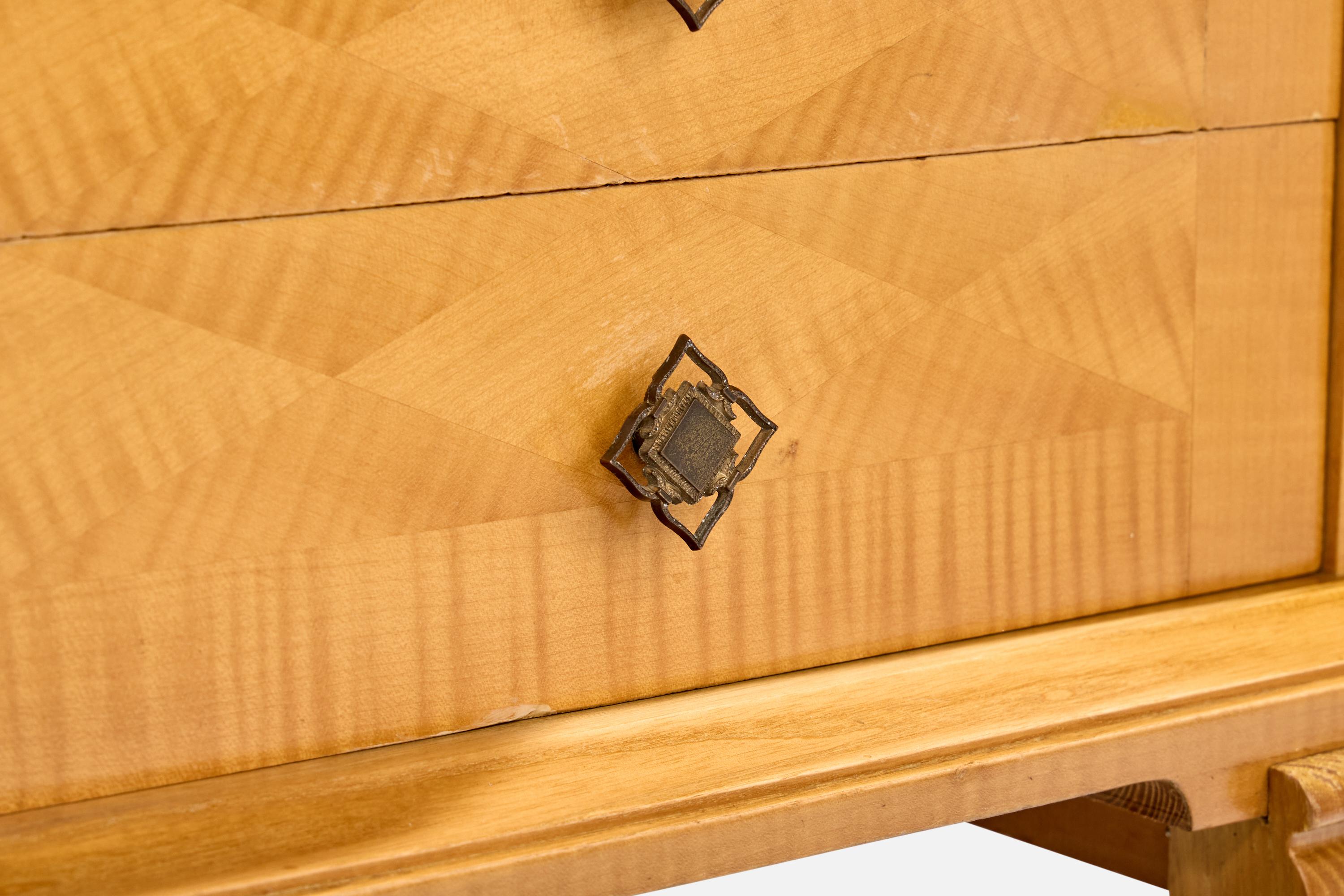Comodini di design francese, Wood, Specchio, Ottone, Francia, 1957 in vendita 4
