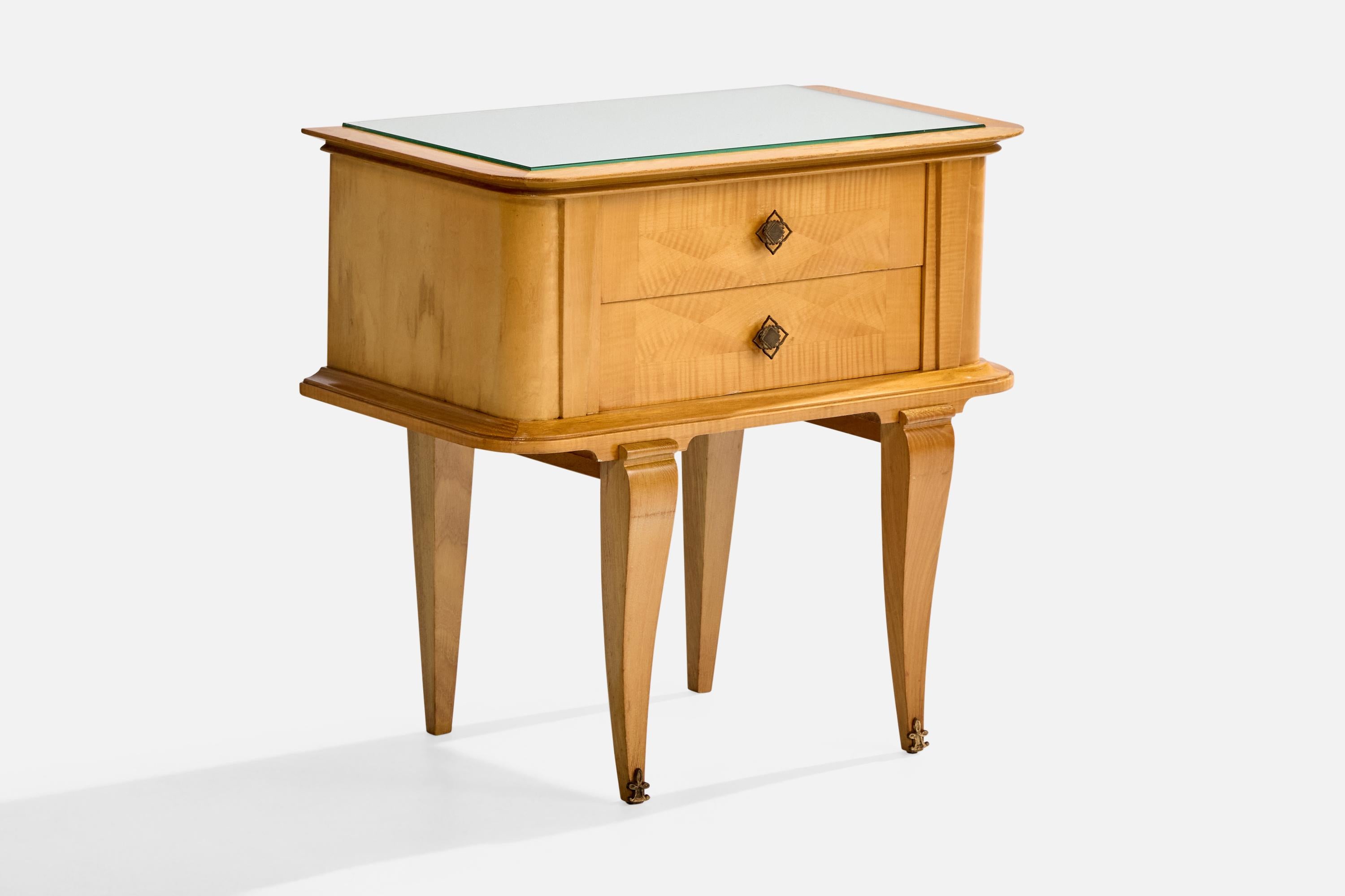 Francese Comodini di design francese, Wood, Specchio, Ottone, Francia, 1957 in vendita