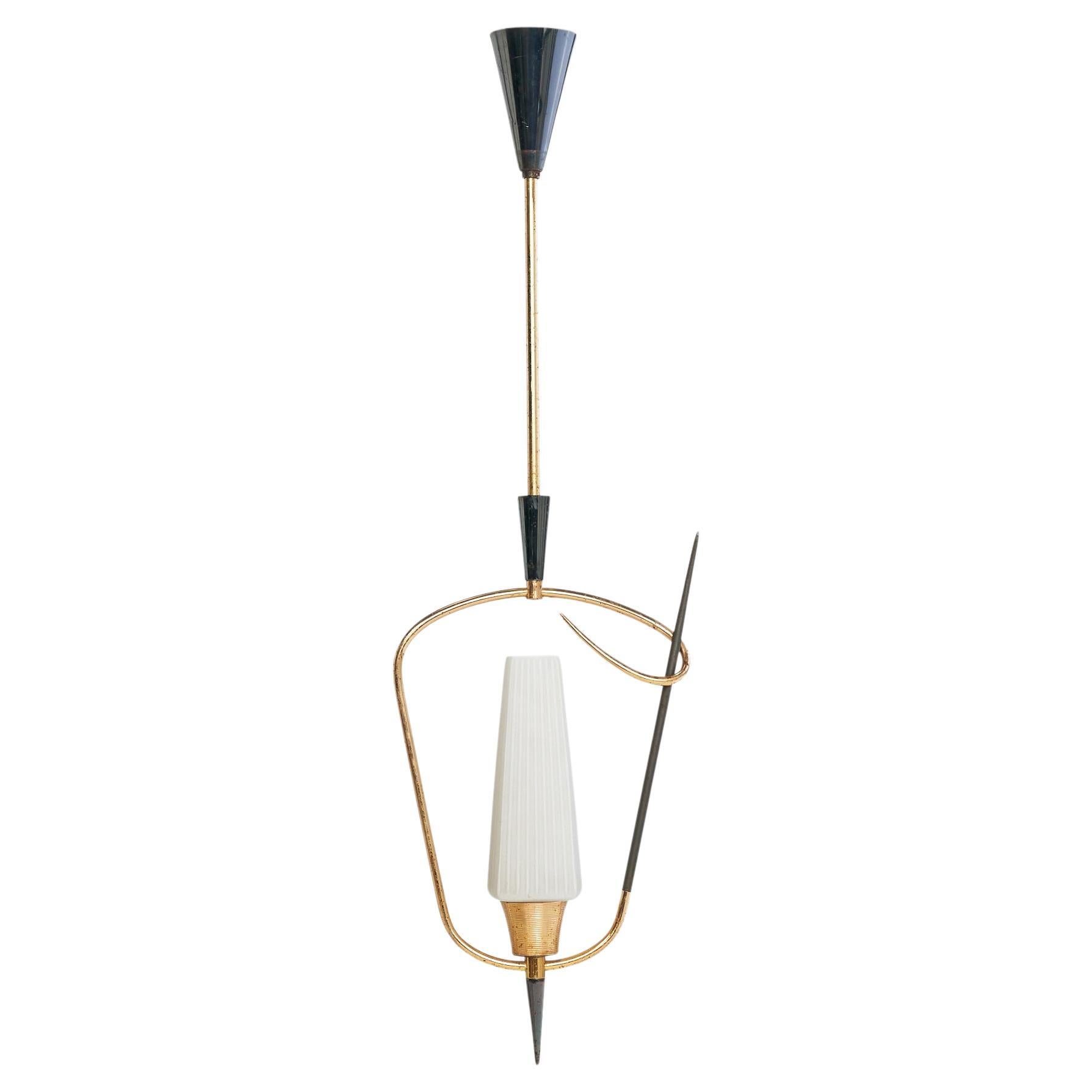 French Designer, Pendant, Brass, Metal, Glass, France, 1950s