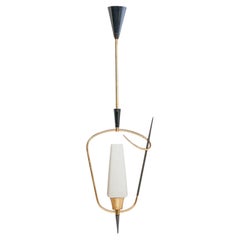 French Designer, Pendant, Brass, Metal, Glass, France, 1950s