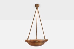 French Designer, Pendant Light, Alabaster, Brass, Rope, France, 1930s