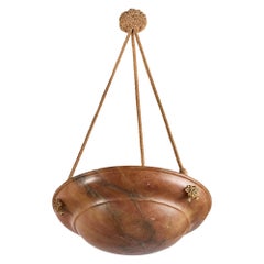 French Designer, Pendant Light, Alabaster, Brass, Rope, France, 1930s