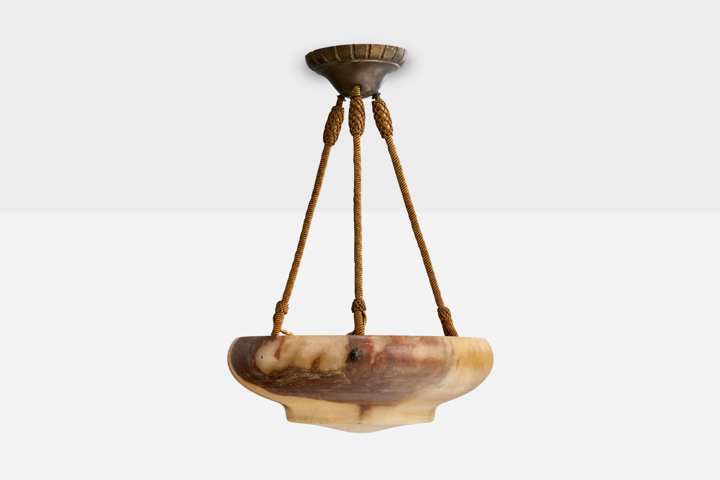 Francese Designer francese, luce a sospensione, alabastro, corda, ottone, Francia, anni '30