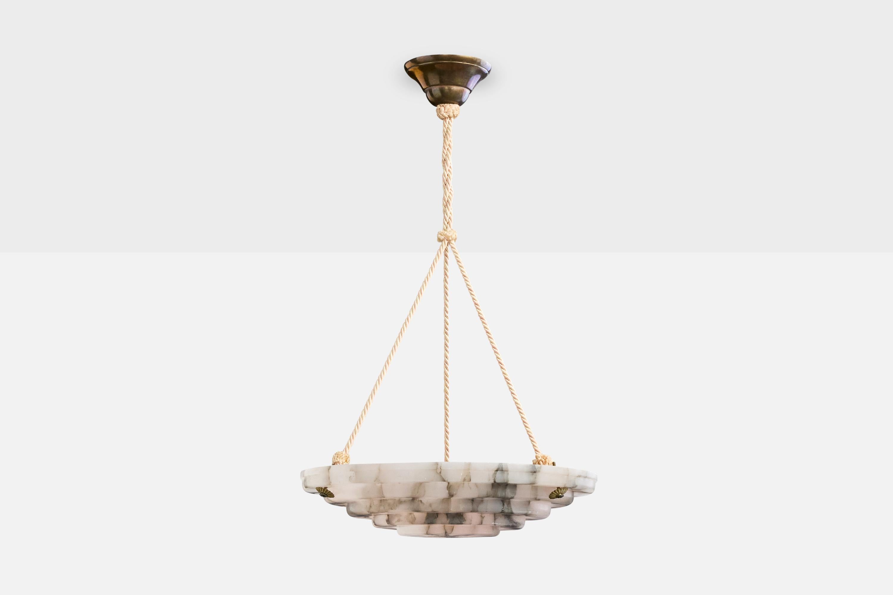 Mid-Century moderno Designer francese, luce a sospensione, alabastro, corda, ottone, Francia, anni '30 in vendita