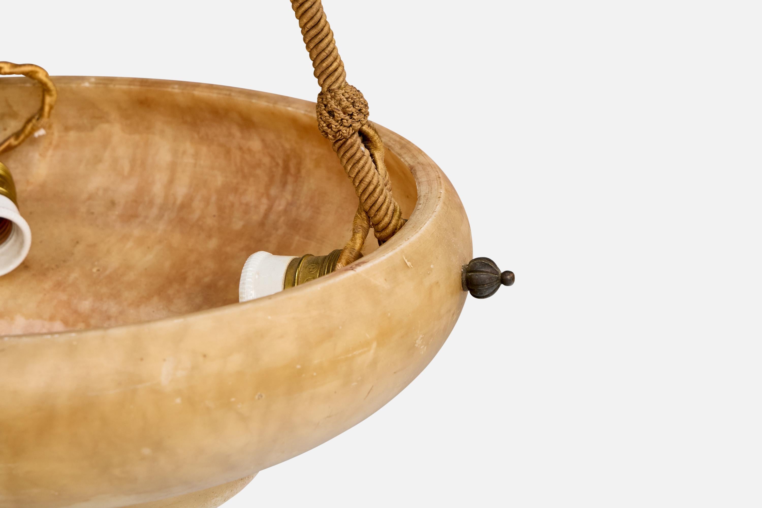 Ottone Designer francese, luce a sospensione, alabastro, corda, ottone, Francia, anni '30