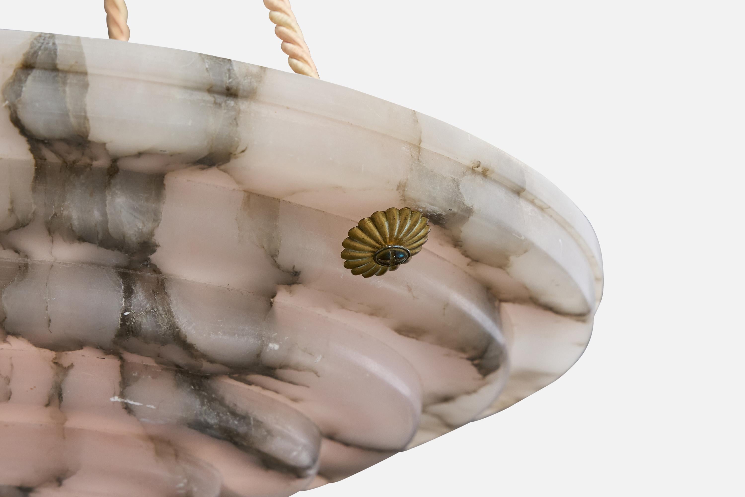 Metà XX secolo Designer francese, luce a sospensione, alabastro, corda, ottone, Francia, anni '30 in vendita