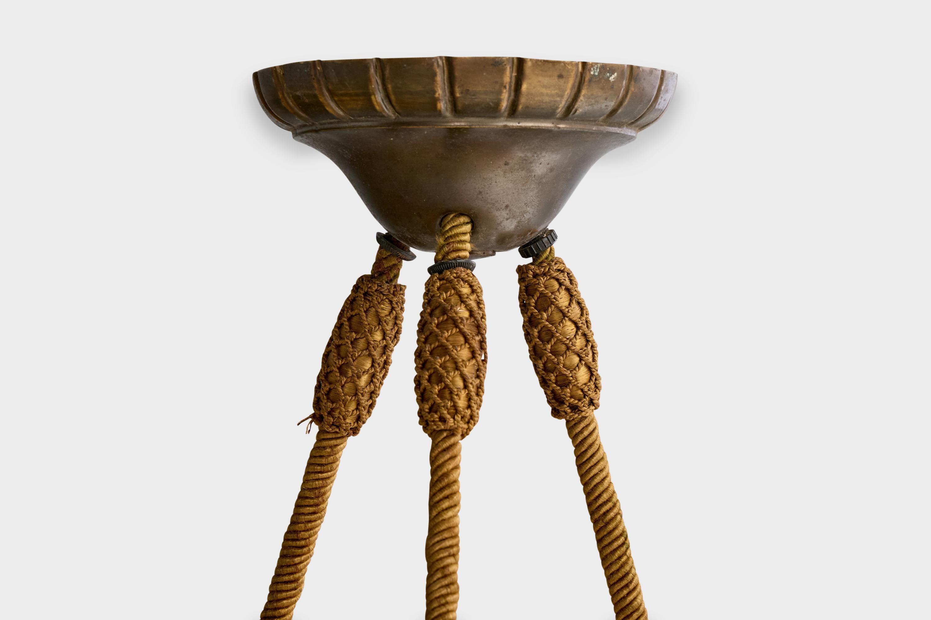 Designer francese, luce a sospensione, alabastro, corda, ottone, Francia, anni '30 2