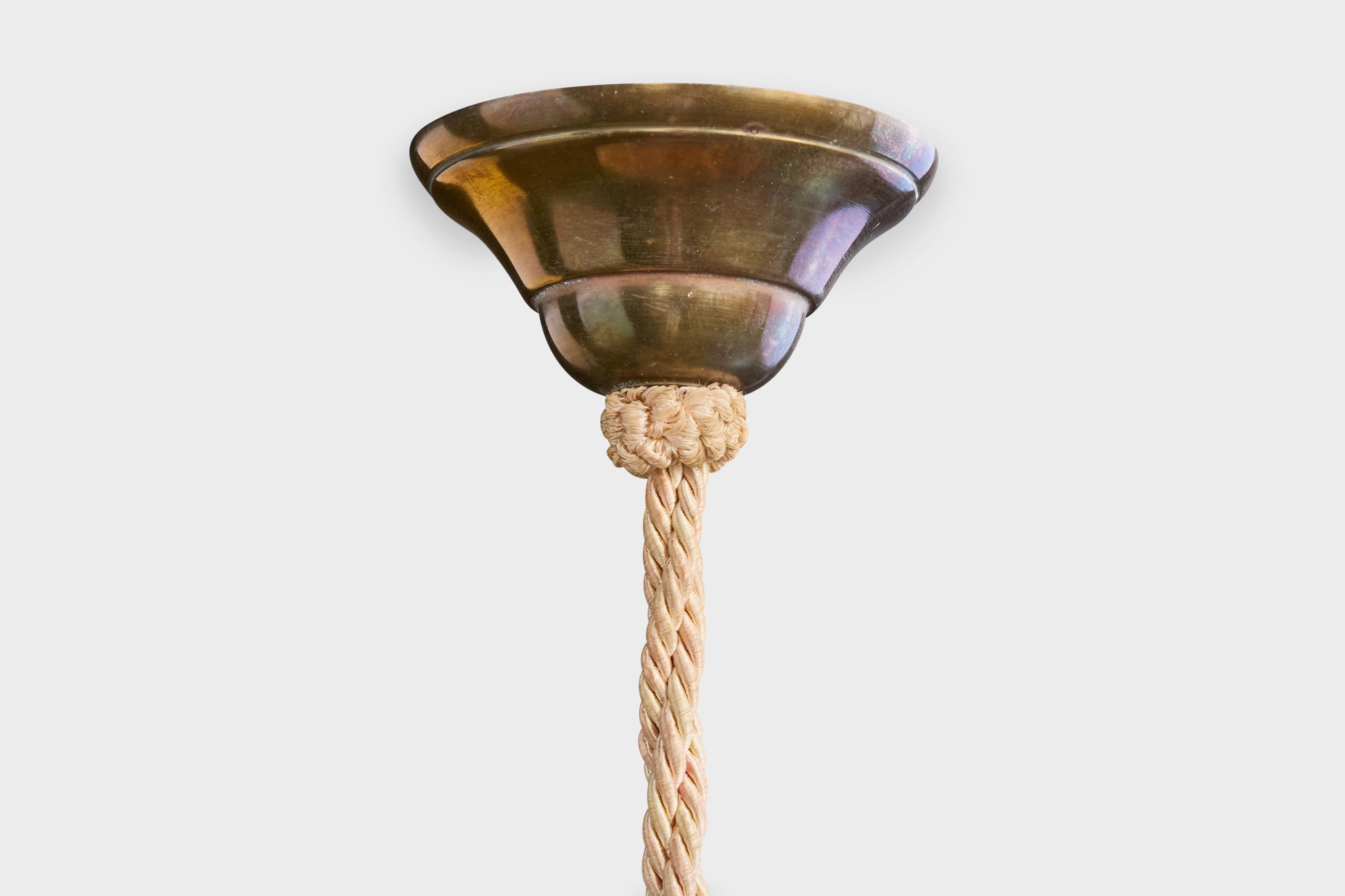 Designer francese, luce a sospensione, alabastro, corda, ottone, Francia, anni '30 in vendita 1