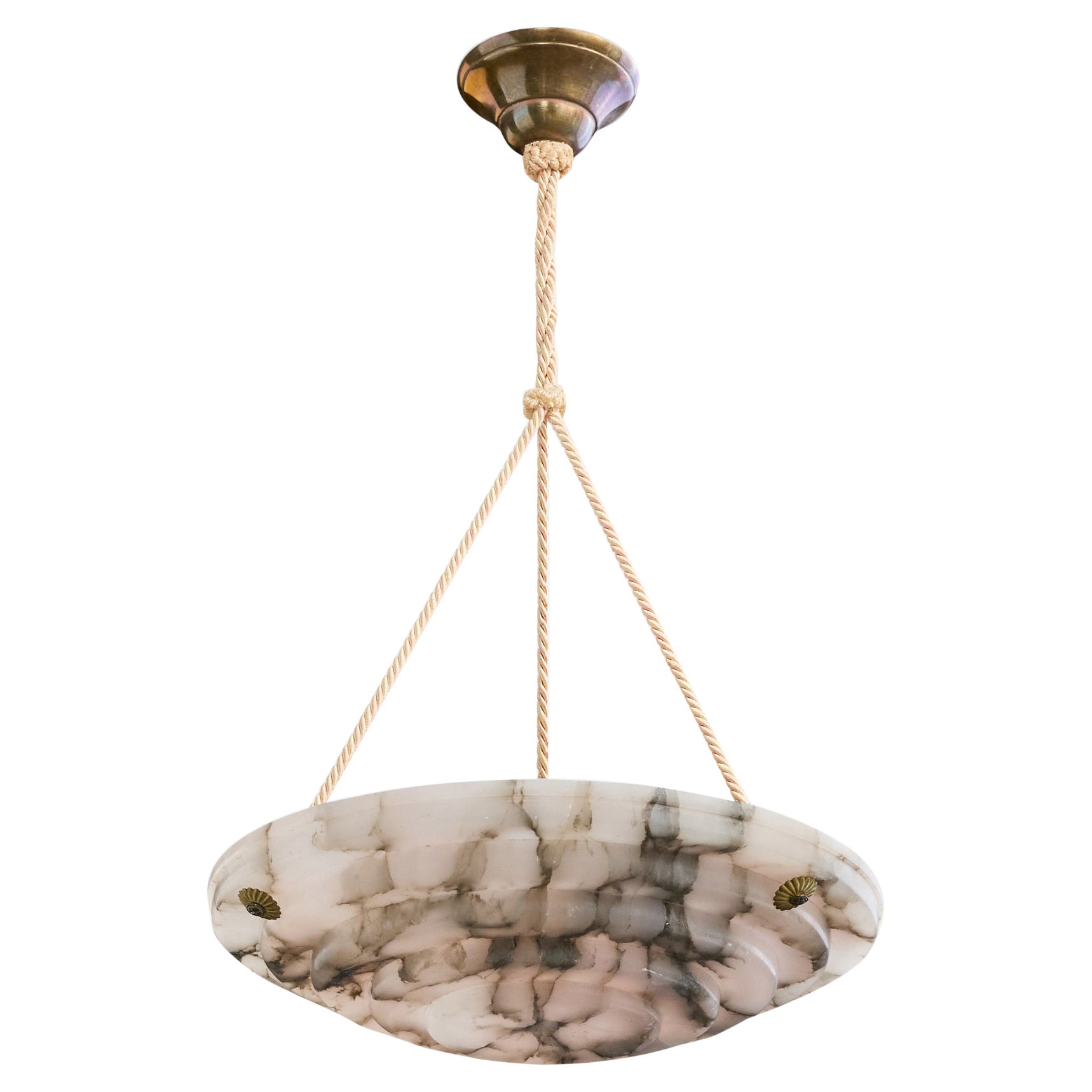 Designer francese, luce a sospensione, alabastro, corda, ottone, Francia, anni '30 in vendita