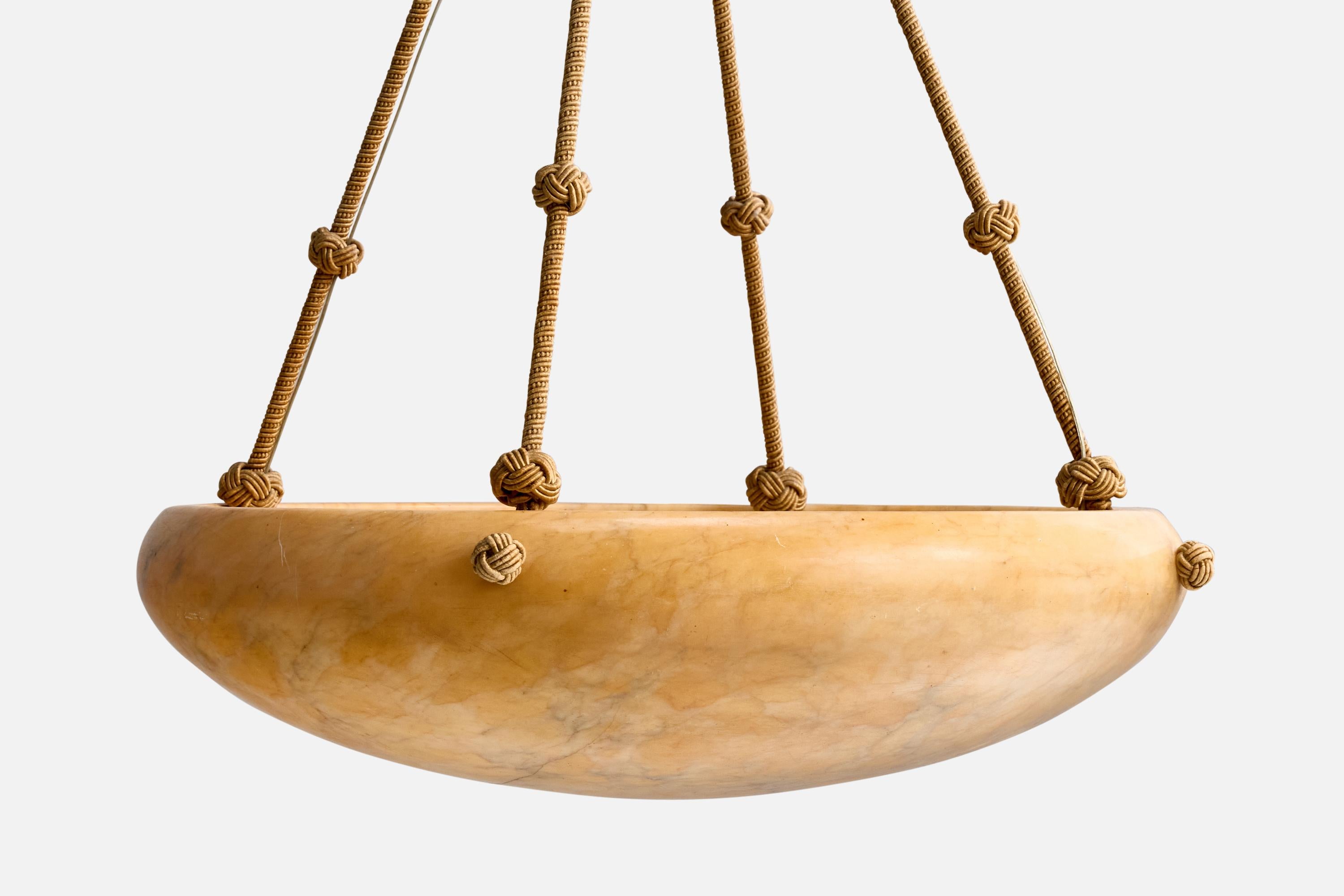 Metà XX secolo Designer francese, lampada a sospensione, alabastro, corda, Francia, anni '30 in vendita