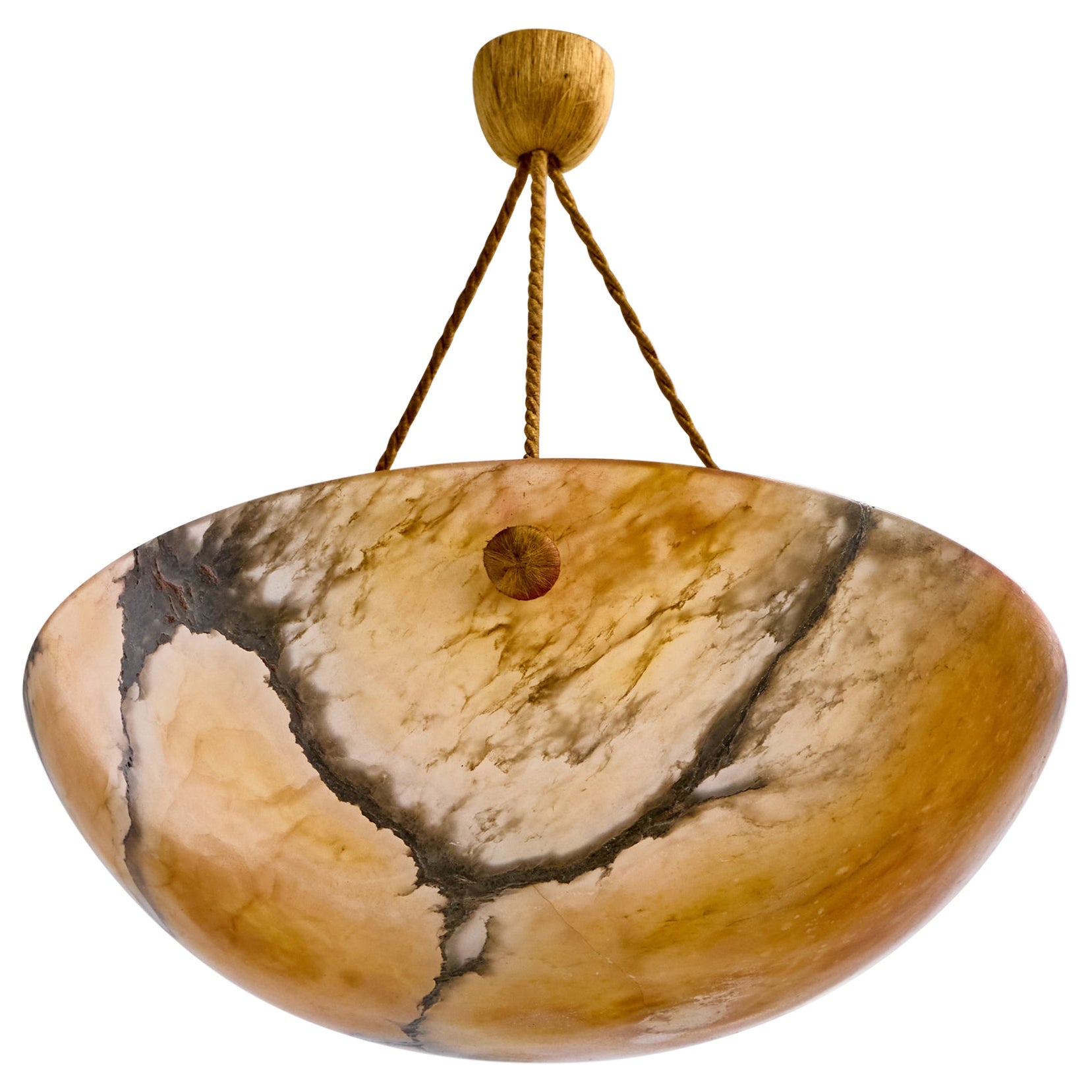 French Designer, Pendant Light, Alabaster, Rope, France, 1930s