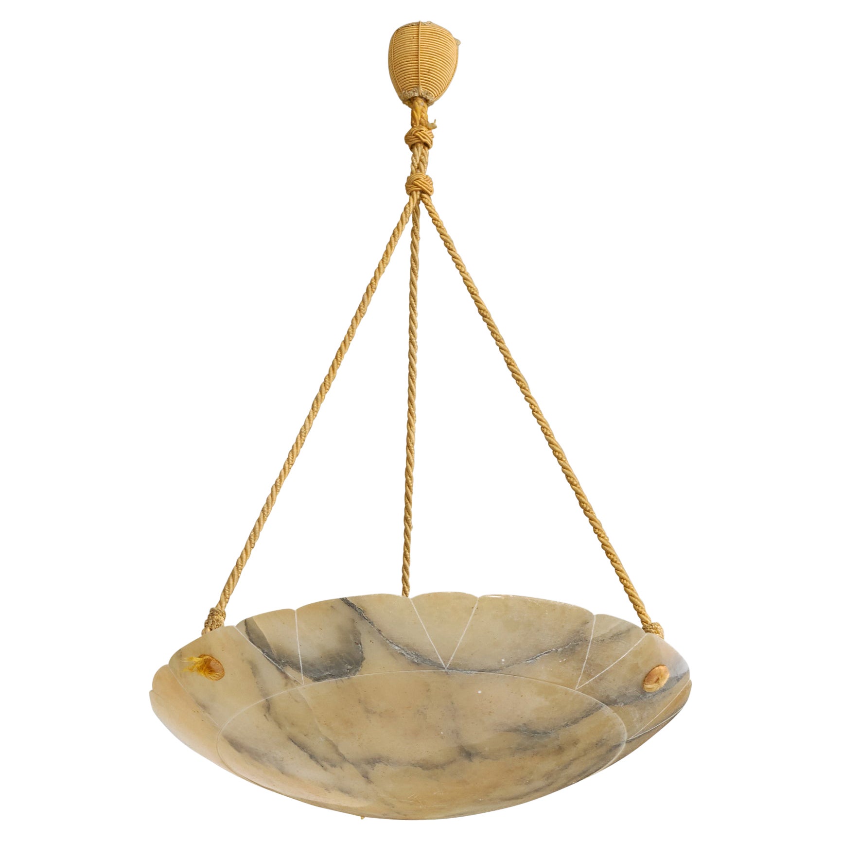 French Designer, Pendant Light, Alabaster, Rope, France, 1930s