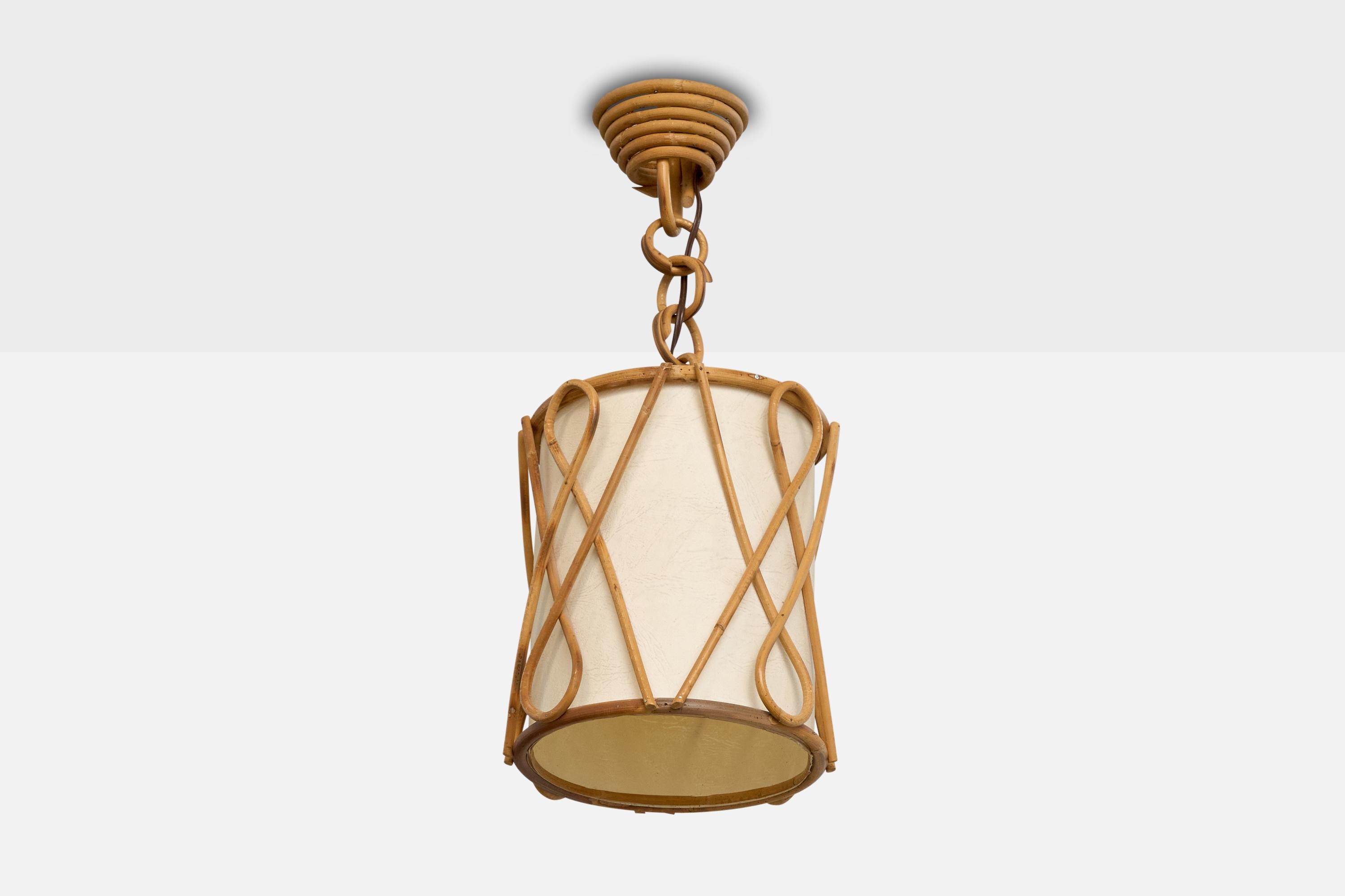 A bamboo and paper pendant light designed and produced in France, c. 1970s.

Overall Dimensions (inches): 18.5” H x 8.5” Diameter

Dimensions of Canopy: 2.25“ H x 4.5” Diameter

Chain length: 5” H

Bulb Specifications: Bayonet

Number of Sockets: