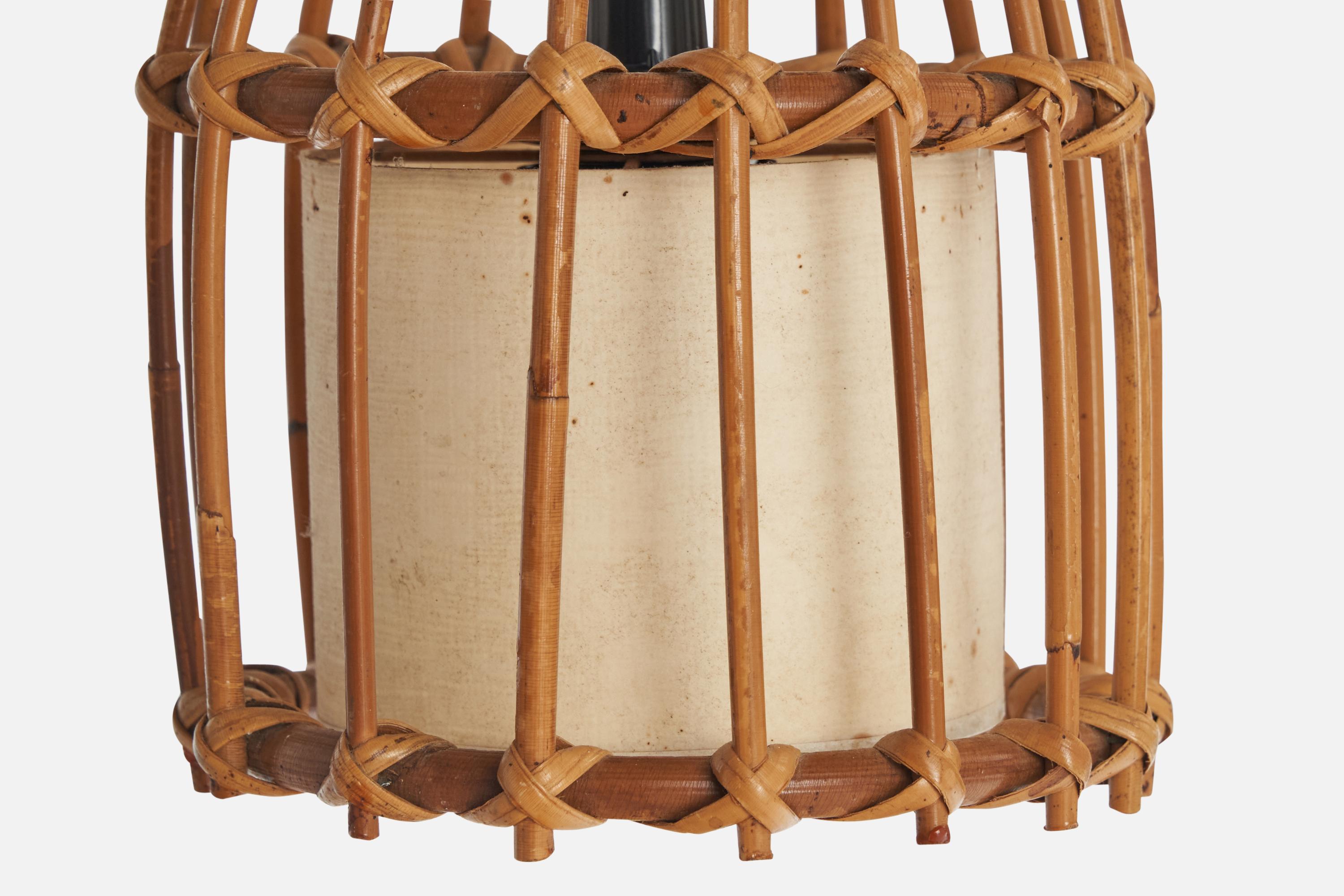 Designer francese, lampada a sospensione, bambù, rattan, tessuto, Francia, anni '70 in vendita 5