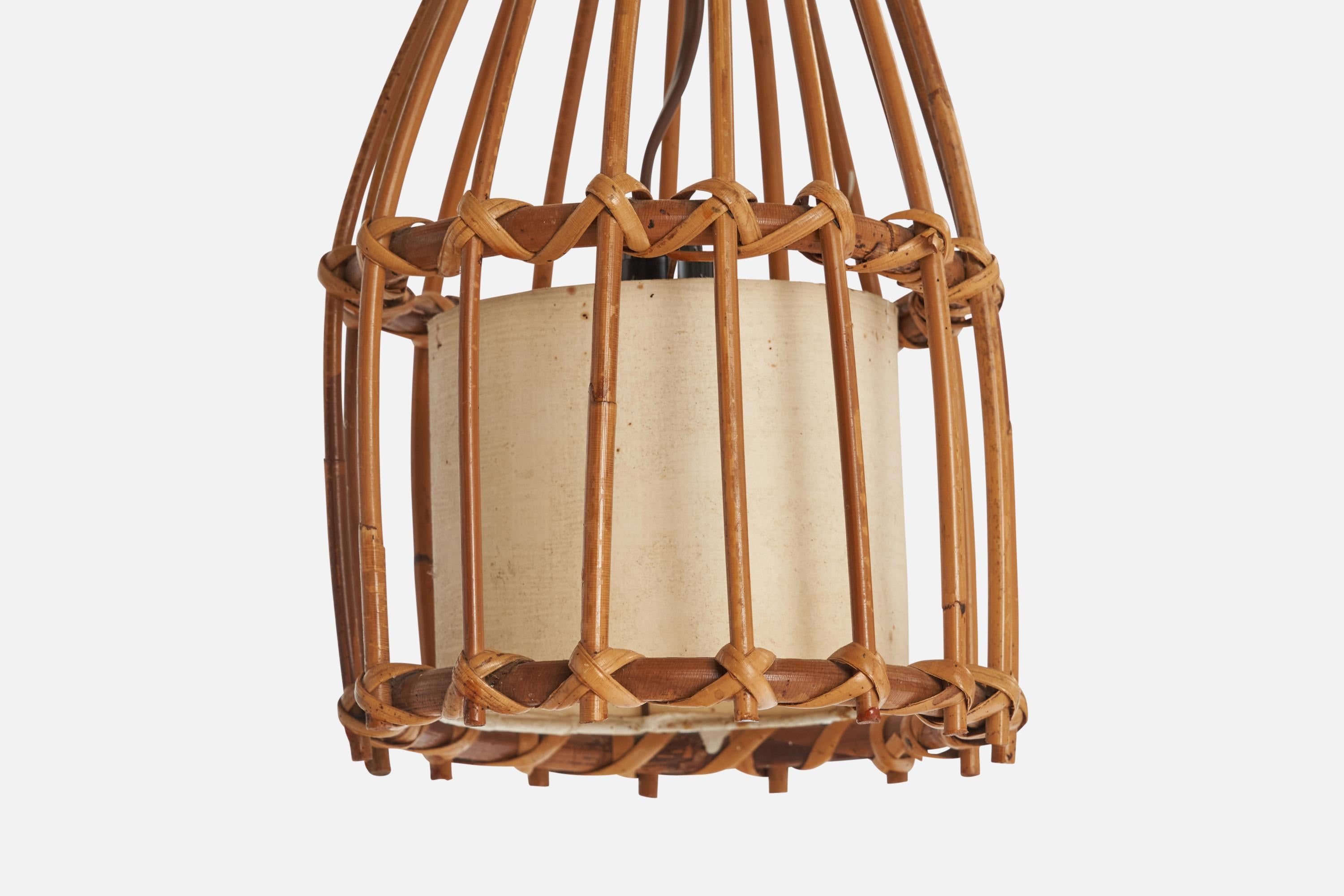 Designer francese, lampada a sospensione, bambù, rattan, tessuto, Francia, anni '70 in vendita 2