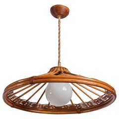 Diseñador francés, lámpara colgante, bambú, ratán, cristal, cuerda, Francia, década de 1950