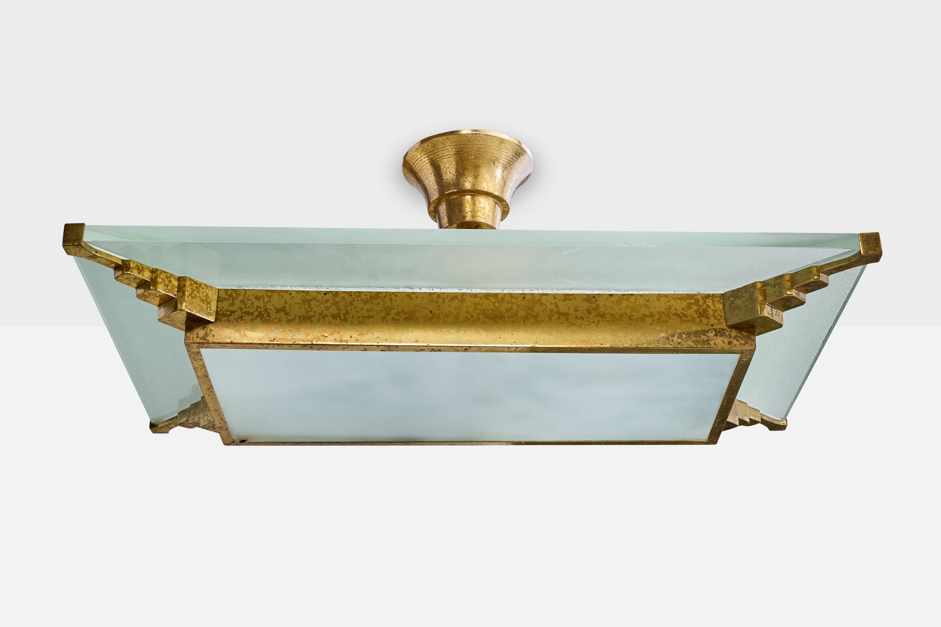 Mid-Century moderno Designer francese, lampada a sospensione, ottone, vetro, Francia, anni '1930 in vendita