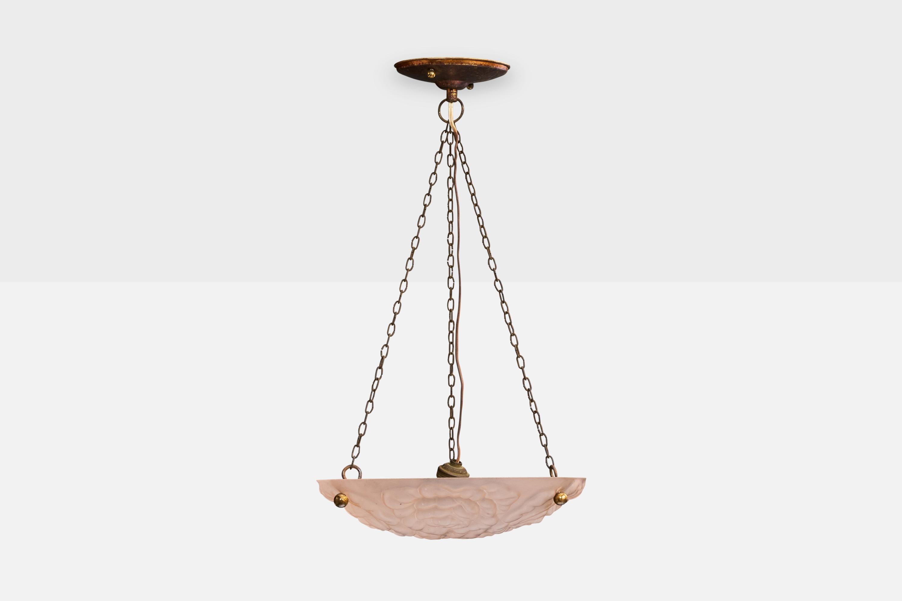 Mid-Century moderno Designer francese, lampada a sospensione, ottone, vetro, Francia, anni '1930 in vendita