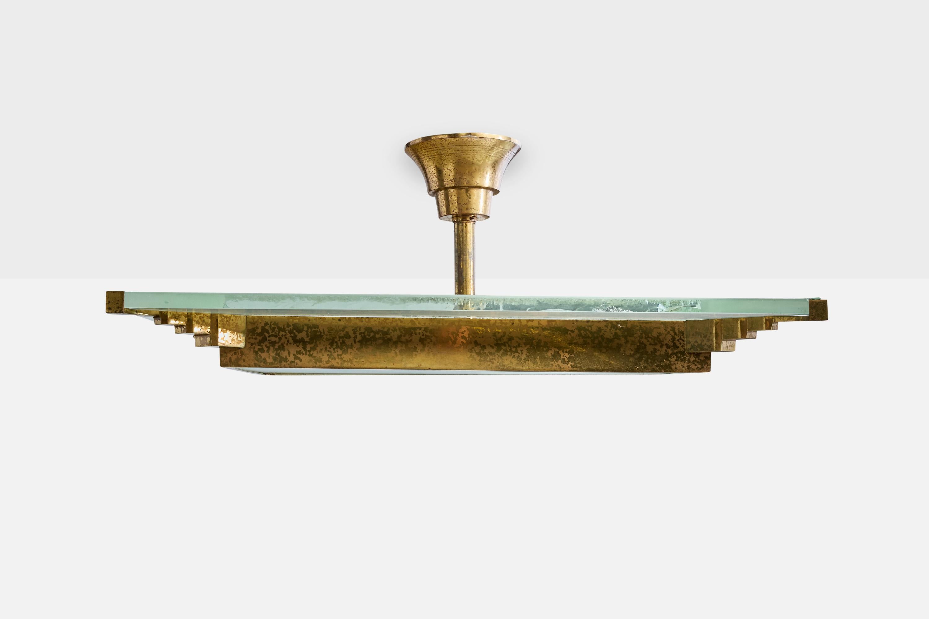 Francese Designer francese, lampada a sospensione, ottone, vetro, Francia, anni '1930 in vendita