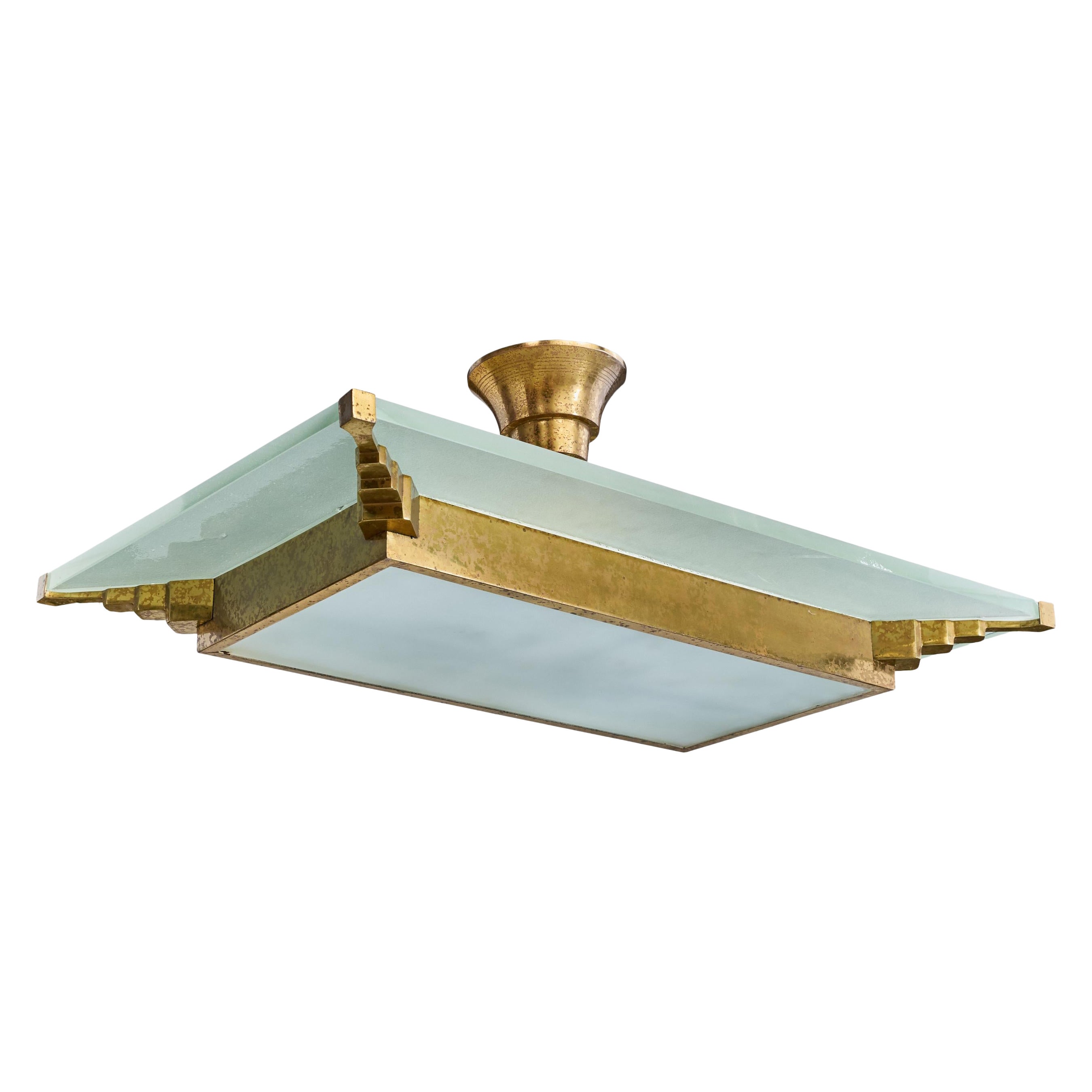 Designer francese, lampada a sospensione, ottone, vetro, Francia, anni 
1930 in vendita