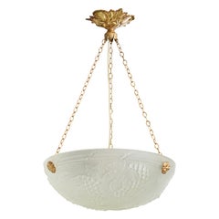 French Designer, Pendant Light, Brass, Glass, France, 1930s