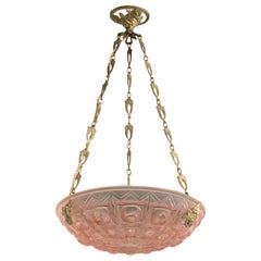 French Designer, Pendant Light, Brass, Glass, France, 1930s