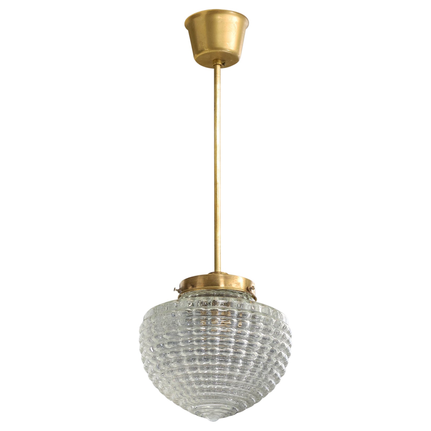 French Designer, Pendant Light, Brass, Glass, France, 1940s