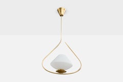 French Designer, Pendant Light, Brass, Glass, France, 1950s