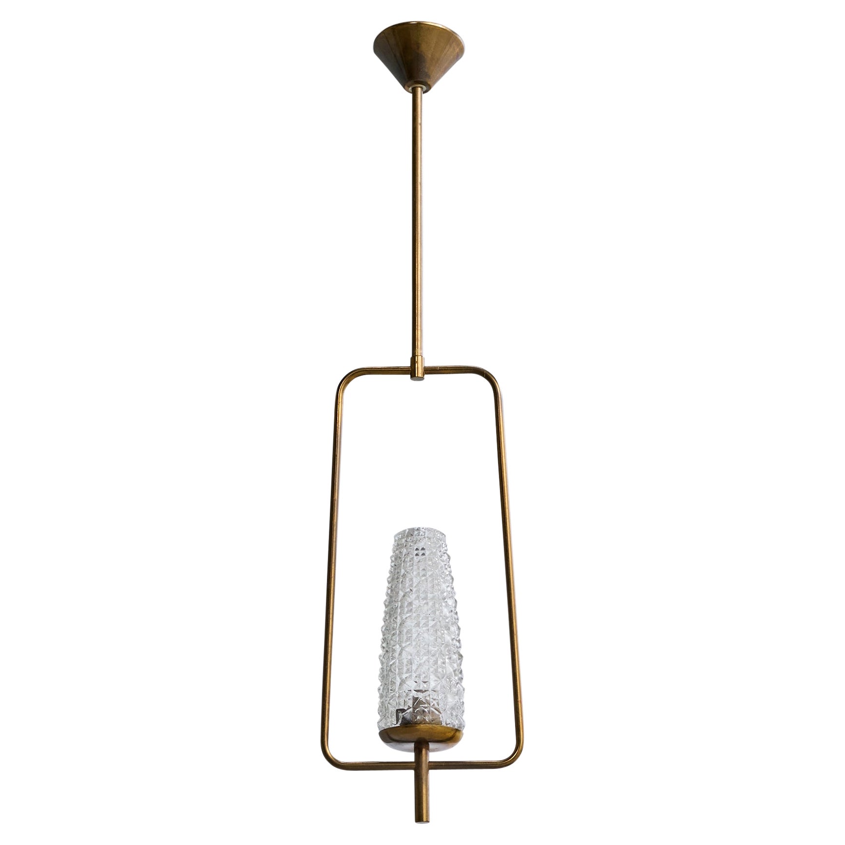 Designer francese, lampada a sospensione, ottone, vetro, Francia, anni '50