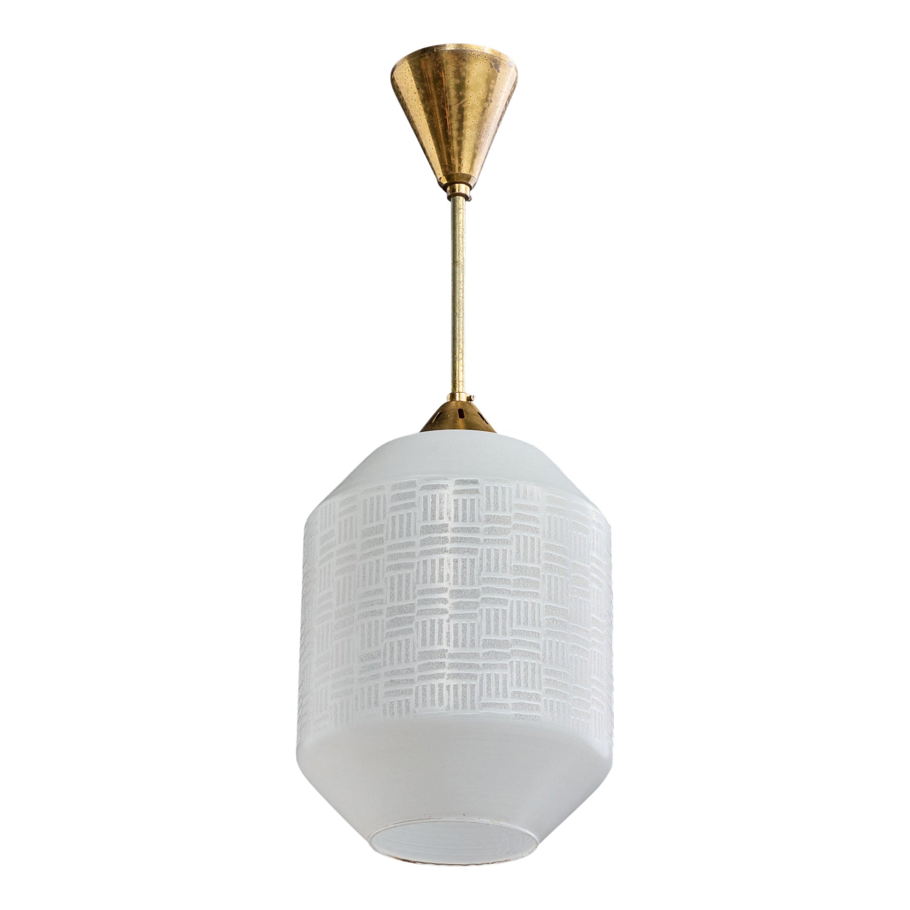 French Designer, Pendant Light, Brass, Glass, France, 1950s