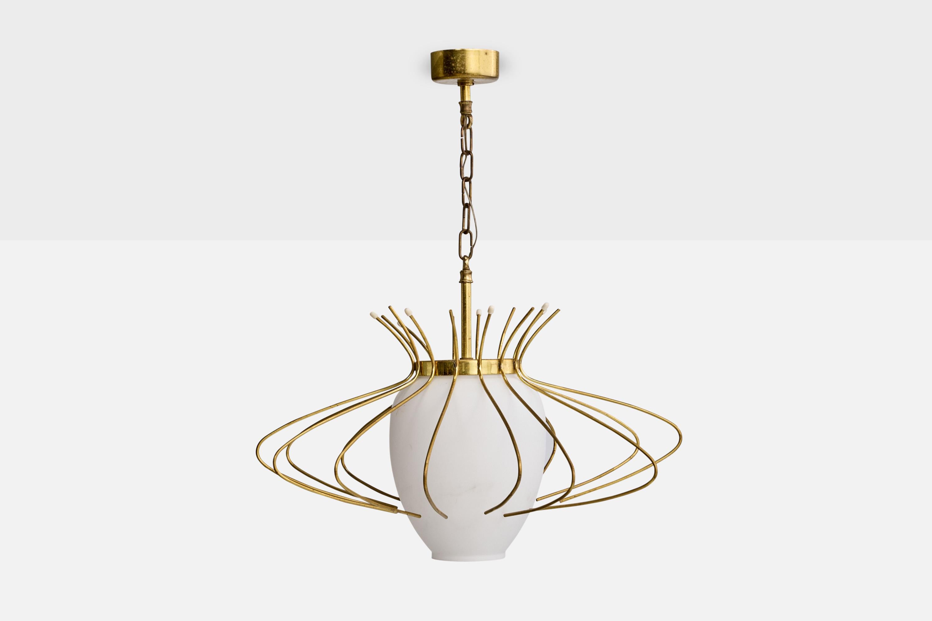 Mid-Century moderno Designer francese, lampada a sospensione, ottone, vetro, Francia, anni '60 in vendita